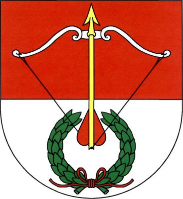 V červeno-stříbrně děleném štítě stříbrný luk s napjatou černou tětivou a se vztyčeným zlatým šípem s červeným opeřením, provázeným zelenými vavřínovými ratolestmi do oblouku, dole převázanými červenou šňůrou. Znak Lukov
