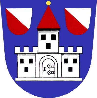 V modrém štítě stříbrný hrad tvořený třemi věžemi, krajní menší se třemi (2,1) černými okny a cimbuřím, prostřední vyšší se zavřenými jednokřídlými vraty, třemi (2,1) černými okny a červenou kuželovou střechou zakončenou zlatou makovicí. V rozích štítu dva stříbrno-červeně kosmo dělené štítky. Znak Lukov