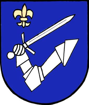 V modrém štítě stříbrné uťaté zbrojné rámě s mečem, v pravém horním rohu zlatá lilie. Znak Luleč