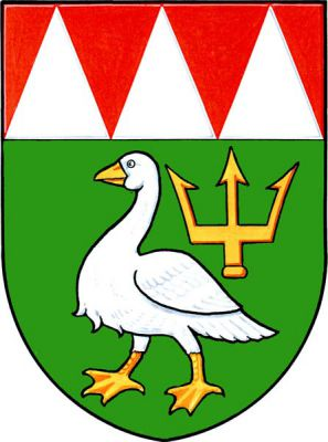 V zeleném štítě pod červenou hlavou se třemi stříbrnými kužely stříbrná kráčející husa se zlatou zbrojí provázená vlevo nahoře zlatým trojzubcem. Znak Lutín