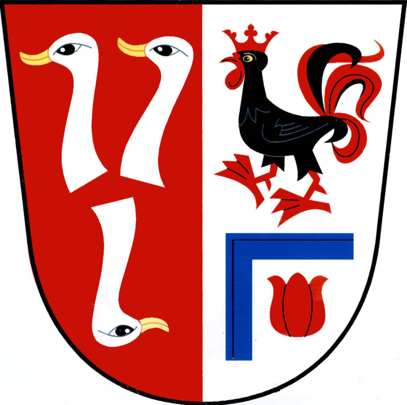 V červeno-stříbrně polceném štítě vpravo tři (2, 1) stříbrné husí krky se zlatou zbrojí, dolní převrácený, vlevo černý, červeně korunovaný vykračující kohout s černo-červenými ocasními pery a červenou zbrojí, pod ním modrý úhelník s červeným květem tulipánu uvnitř. Znak Lužany