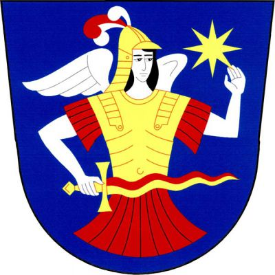V modrém štítě polopostava archanděla Michaela v červeném šatě se zlatým kyrysem a přilbou se třemi pštrosími pery, červeným mezi stříbrnými, držící v pravici vodorovně před sebou červeno-zlatě polcený plamenný meč a ve vztyčené levici zlatou osmihrotou hvězdu. Znak Machová