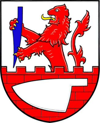 Ve stříbrném štítě vyrůstá z červené kvádrové hradby s cimbuřím a stříbrnou položenou radlicí červený lev se zlatou zbrojí a jazykem držící modré postavené krojidlo. Znak Majetín