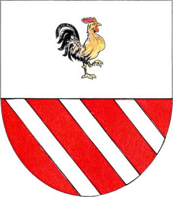 Ve stříbrno-červeně děleném štítě nahoře doleva vykračující kohout přirozené barvy, dole tři kosmá stříbrná břevna. Znak Makov
