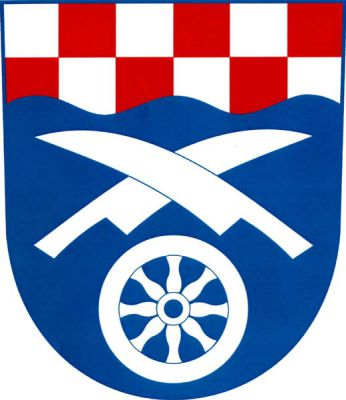 V modrém štítě pod stříbrno - červeně šachovanou vlnitou hlavou zkřížená krojidla nad vozovým kolem, vše stříbrné. Znak Malá Morava