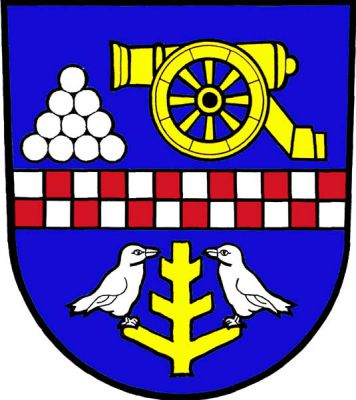 V modrém štítě stříbrno-červeně šachované zúžené břevno, nahoře zlaté dělo provázené vpravo hromadou deseti stříbrných dělových koulí, dole dva stříbrní přivrácení ptáci sedící na spodních delších pahýlech zlaté vztyčené ostrve. Znak Malá Morávka