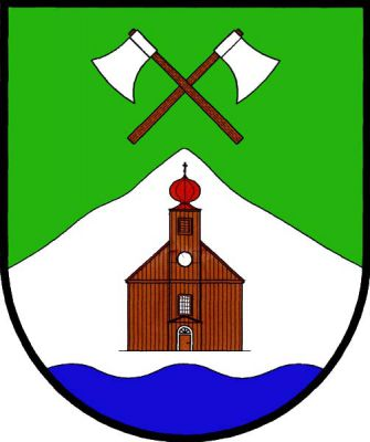 V zeleném štítě nad modrou vlnitou patou stříbrný vrch s průčelím dřevěného kostela přirozené barvy s červenou bání, nad ním zkřížené stříbrné sekery na topůrkách přirozené barvy. Znak Malá Úpa