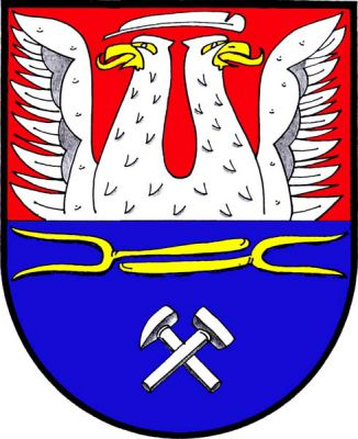 V červeno-modře děleném štítě nahoře vyrůstající stříbrný orel se zlatou zbrojí, převýšený položeným stříbrným brkem, dole dvoje položené odvrácené zlaté vidle - podávky, pod nimi stříbrná hornická kladívka. Znak Malé Březno