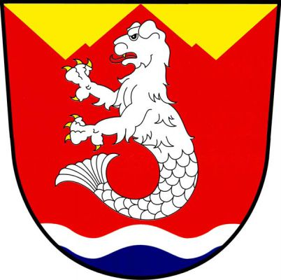 V červeném štítě se stříbrno-modře vlnitě dělenou vlnitou patou, pod dvěma zlatými, ke středu prolomenými zvýšenými klíny stříbrný mořský pes se zlatou zbrojí. Znak Maleč