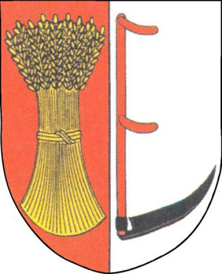 V červeno-stříbrně polceném štítě vpravo zlatý obilný snop, vlevo černá, dolů obrácená kosa na červeném kosišti. Znak Malhostovice