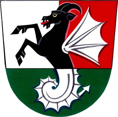 Dělený a v horní polovině stříbrno-červené polcený štít, v ní černý vyskakující kozel se stříbrným dračím křídlem a červeným jazykem, přecházející v dolní zelené polovině ve stříbrný dračí ocas. Znak Malhotice