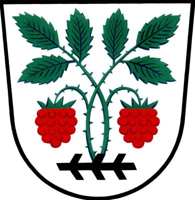 Ve stříbrném štítě z černé položené ostrve se suky doleva vyrůstají dva překřížené zelené malinové stvoly, každý se třemi listy a jednou svěšenou červenou malinou po straně. Znak Malínky