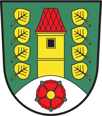 V zeleném štítě na stříbrném vrchu s červenou růží se zlatým semeníkem a zelenými kališními lístky zlatá věž s černým oknem v patře a s červenou valbovou střechou, provázená osmi(4, 4) přivrácenými vztyčenými zlatými lipovými listy pod sebou. Znak Malonty