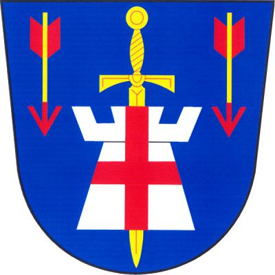 V modrém štítě stříbrná věž s cimbuřím a červeným heroldským křížem podložená postaveným zlatým mečem, nahoře provázená dvěma postavenými zlatými šípy s červenými hroty a opeřením. Znak Martínkovice