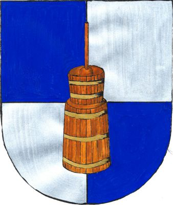 V modro-stříbrně čtvrceném štítě dřevěná máselnice přirozených barev. Znak Máslovice