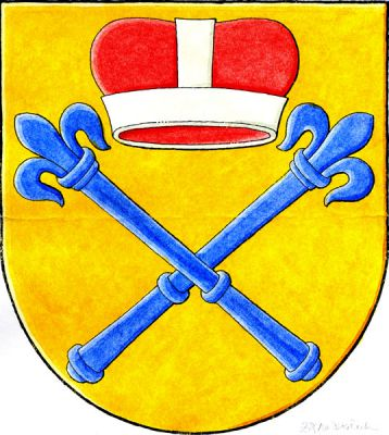 Ve zlatém štítě modrá zkřížená liliová žezla převýšená knížecí čepicí. Znak Mcely