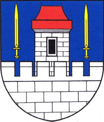 V modrém štítě za stříbrnou kvádrovanou hradbou s cimbuřím stříbrná kvádrovaná věž s černým oknem a červenou valbovou střechou, provázená zlatými vztyčenými meči. Znak Mečeříž