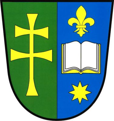 V zeleno-modře polceném štítě vpravo zlatý patriarší kříž, vlevo stříbrná otevřená kniha se zlatými deskami, provázená nahoře lilií a dole osmihrotou hvězdou, obojí zlaté. Znak Měcholupy