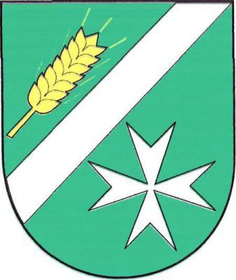 V zeleném štítě zvýšené šikmé stříbrné břevno provázené nahoře šikmým zlatým obilným klasem a dole stříbrným maltézským křížem. Znak Medlovice