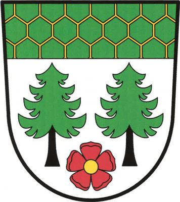 Ve stříbrném štítě pod zlatě plástvovanou zelenou hlavou dva zelené smrky s černými kmeny, dole mezi nimi červená růže se zlatým semeníkem. Znak Medový Újezd