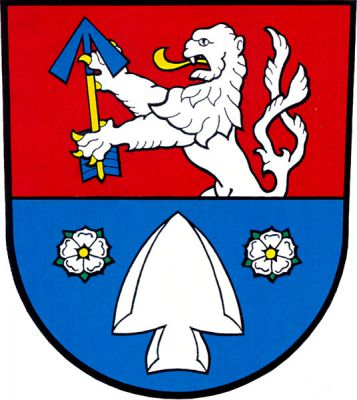 V červeno-modře děleném štítě nahoře vyrůstající stříbrný dvouocasý lev se zlatou zbrojí držící zlatý vztyčený šíp s modrým hrotem a opeřením, dole čelně vztyčená stříbrná radlice provázená nahoře dvěma stříbrnými růžemi se zlatými semeníky a zelenými kališními lístky. Znak Melč