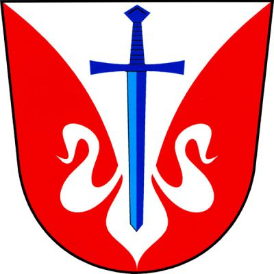 V červeném štítě stříbrný liliovitě zakončený vydutý klín, v něm postavený modrý meč. Znak Měrotín