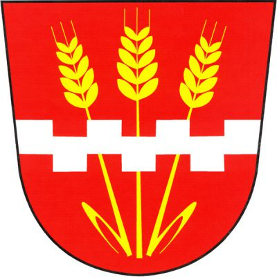 V červeném štítě tři od středu odkloněné zlaté obilné klasy, krajní s jedním svěšeným listem po straně, přeložené stříbrným oboustranně cimbuřovým břevnem. Znak Měrovice nad Hanou