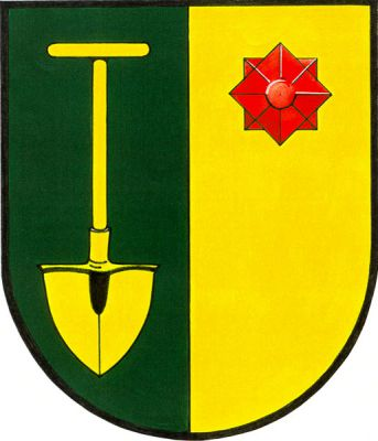 V zeleno-zlatě polceném štítě vpravo zlatý rýč, vlevo nahoře červený český granát broušený do tvaru osmihroté hvězdy s kruhovým středem. Znak Měrunice