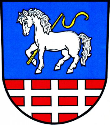 Modro-červeně sníženě dělený štít, nahoře stříbrný kráčející kůň držící zlatý bič, dole stříbrná mříž. Znak Metylovice