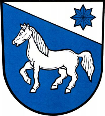 V modrém štítě pod kosmou stříbrnou hlavou s modrou hvězdou stříbrný vykračující kůň. Znak Mezina