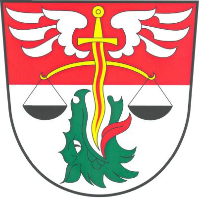 V červeno - stříbrně děleném štítě postavený zlatý plamenný meč, vnikající do otevřené tlamy nahoru a doleva obrácené zelené dračí hlavy s červeným jazykem, provázený nahoře dvěma stříbrnými přivrácenými křídly a uprostřed podložený miskovými vahami se zlatým vahadlem a černými miskami. Znak Michalovice