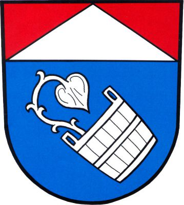 V modrém štítě pod červenou hlavou s hrotem kosmo nakloněný džber s vyrůstajícím pravým leknem, vše stříbrné. Znak Mikolajice