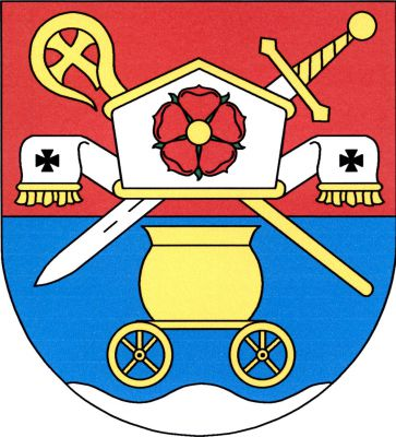 V červeno-modře děleném štítě se stříbrnou vlnitou patou stříbrná, zlatě zdobená mitra s červenou růží se zlatým semeníkem a zelenými kališními lístky a s fimbriemi, podložená kosmou zlatou berlou a šikmo postaveným stříbrným mečem se zlatým jílcem. Pod mitrou zlatý prehistorický obětní kotlík na vozíku. Znak Milavče