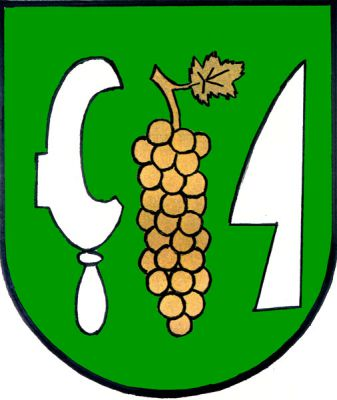 V zeleném štítě zlatý vinný hrozen s listem, provázený vpravo vinařským nožem, vlevo vztyčenou radlicí, oboje stříbrné. Znak Milešovice