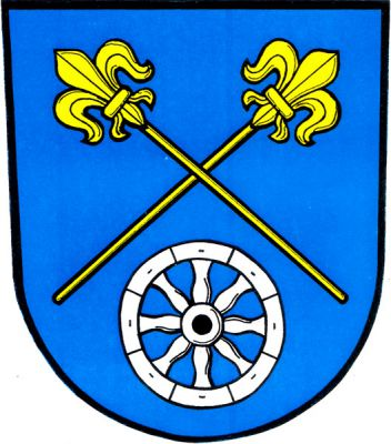 V modrém štítě pod zkříženými zlatými liliovými hůlkami stříbrné vozové kolo. Znak Milíkov