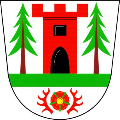 Ve stříbrném štítě na zeleném sníženém břevnu červená věž s cimbuřím, s gotickou branou, s čtvercovým oknem, obojí černé. Věž je provázena dvěma vyrůstajícími smrky přirozené barvy. Pod břevnem červená růže se zlatým semeníkem a zelenými kališními lístky mezi dvěma červenými parohy. Znak Milínov