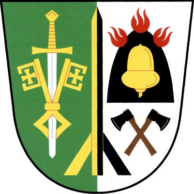 V zeleno - stříbrně polceném štítě zlato - černě polcený král milíře, vpravo vztyčený zlatý gotický dvojklíč navlečený na postavený stříbrný meč se zlatým jílcem, vlevo černý, třemi červenými plameny hořící milíř, v něm zlatý vztyčený žalud, pod milířem zkřížené černé sekery s topůrky přirozené barvy. Znak Milíře