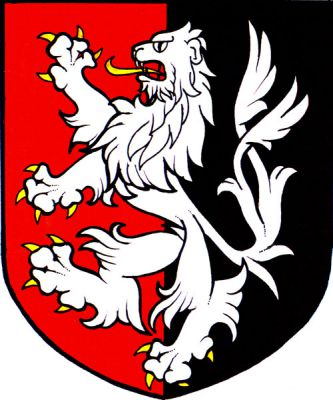 Na červeno-černě polceném štítě stříbrný dvouocasý lev se zlatou zbrojí. Znak Mirošov