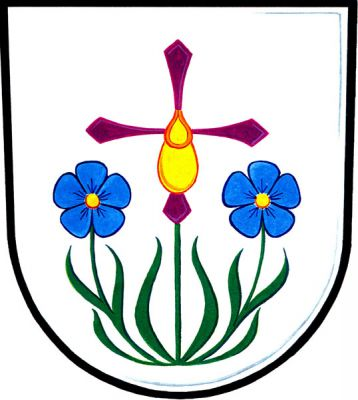 Ve stříbrném štítě vyrůstá mezi dvěma stonky lnu, každý s jedním modrým květem a zlatým středem, květ střevíčníku pantoflíčku přirozené barvy. Znak Mistrovice