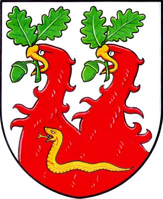 Ve stříbrném štítě dvě červené, krky spojené supí hlavy, vyrůstající z jeho dolního okraje a držící ve zlatých zobácích zelené dubové snítky se dvěma lupeny a jedním žaludem. V dolní části zlatý plazící se had se zvednutou hlavou. Znak Mladeč