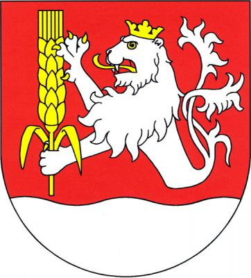 V červeném štítě se stříbrnou vlnitou patou polovina stříbrného korunovaného dvouocasého lva se zlatou zbrojí, držícího v levé tlapě zlatý obilný klas se dvěma listy. Znak Mlékojedy