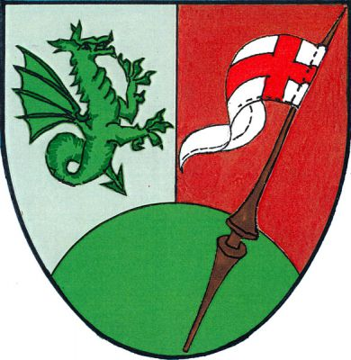 Ve stříbrno-červeně polceném štítě zelené návrší, vpravo nad ním doleva obrácený zelený drak, vlevo stříbrný praporec s červeným heroldským křížem na šikmém dřevci přirozené barvy. Znak Mnetěš