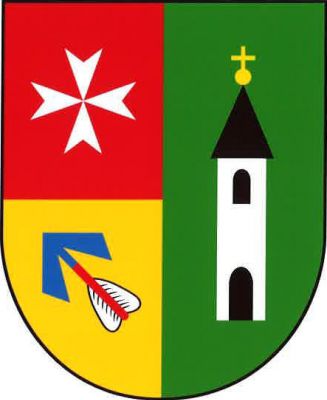 Polcený štít. V pravém, červeno-zlatě děleném poli nahoře stříbrný maltézský kříž, dole kosmo červená střela s modrým hrotem a stříbrným opeřením. V levém zeleném poli volná stříbrná kostelní věž s oknem nad vchodem, obojí obloukové a černé, a s černou stanovou střechou se zlatou makovicí a křížkem. Znak Mnichov