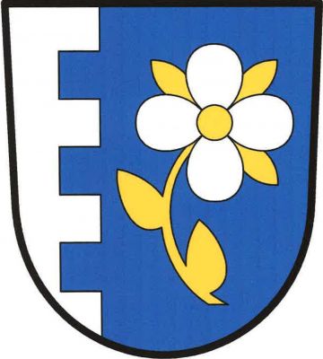 Stříbrno-modře vpravo cimbuřově polcený štít. Vlevo stříbrný čtyřlistý květ se zlatým středem a třemi zlatými kališními lístky na zlatém prohnutém stonku se dvěma listy. Znak Mnichovice