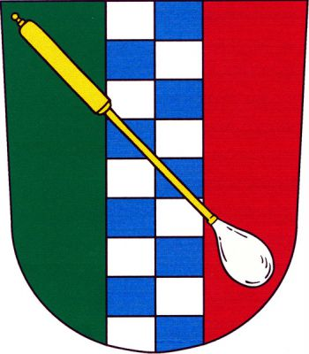 Dvakrát polcený štít, vpravo zelený, uprostřed devětkrát stříbrno-modře šachovaný, vlevo červený, vše kosmo přeloženo zlatou sklářskou píšťalou se stříbrnou sklovinou dole. Znak Modrava