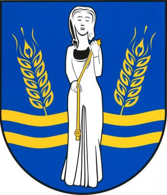V modrém štítě stříbrná bohyně Mokoša, držící v levé ruce vřeteno a přidržující pravou rukou předivo zakončené dole přeslenem, vše zlaté, podložená dvěma sníženými zúženými zlatými vlnitými břevny a provázená dvěma zlatými odkloněnými obilnými klasy, vyrůstajícími z horního břevna. Znak Mokošín