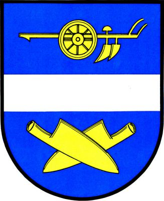 V modrém štítě stříbrné břevno, nad ním zlatý pluh s koly, pod ním zkřížené zlaté radlice (krojidla). Znak Mokrovousy