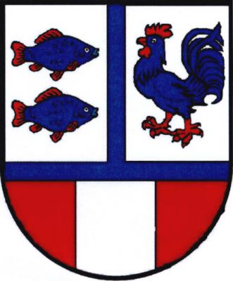 Stříbrno-červeně modrým zúženým břevnem dělený štít, nahoře modrý zúžený kůl provázený vpravo dvěma modrými kapry s červenými ploutvemi plujícími nad sebou doleva, vlevo modrý kohout s červenou zbrojí, dole stříbrný kůl. Znak Moravičany