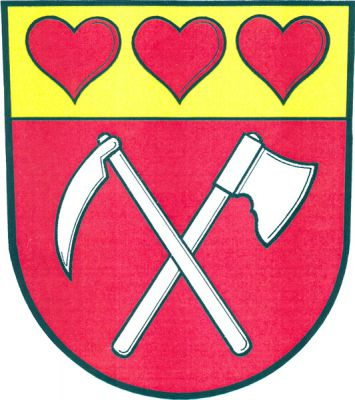 V červeném štítě pod zlatou hlavou se třemi červenými srdci kosmo položená kosa šikmo podložená sekerou, obojí stříbrné. Znak Moravice