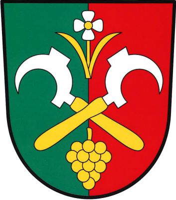 V zeleno-červeně polceném štítě zkřížené stříbrné vinařské nože - kosíře se zlatými rukojeťmi, provázené nahoře stříbrným čtyřlistým květem se zlatým středem na zlatém stonku se dvěma listy, dole zlatým vinným hroznem. Znak Moravské Bránice